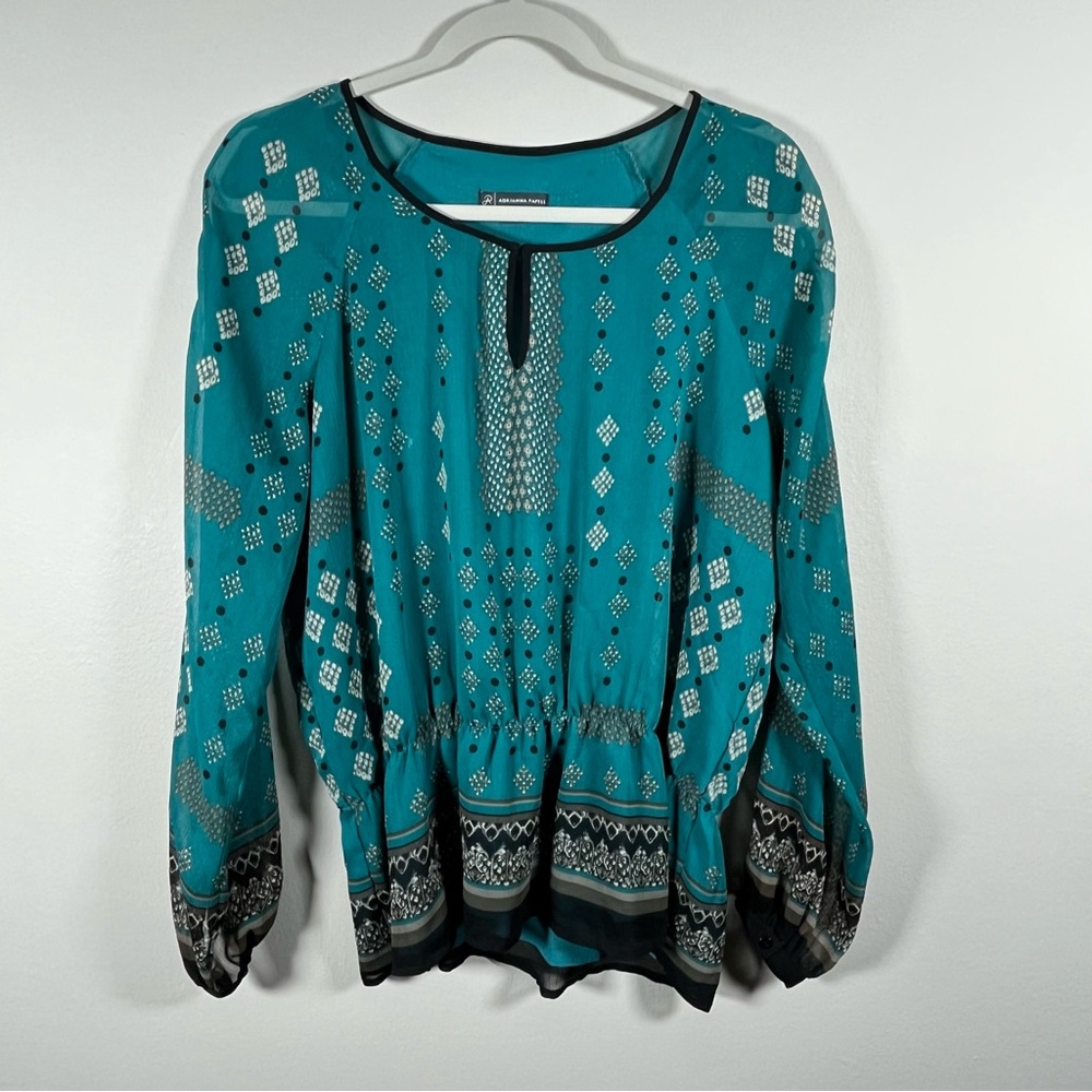 Adrianna Papell Long Sleeve Sheer Boho Turquoise Blouse Women's Size M